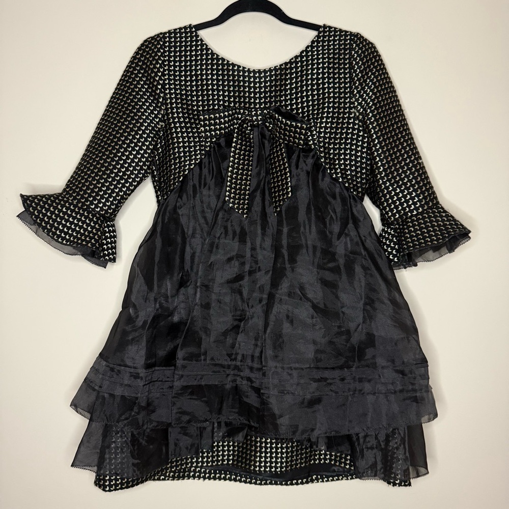 Holiday Jaquard Retro Big Bow Organza Babydoll Lolita Flounce Sleeve Mini Dress